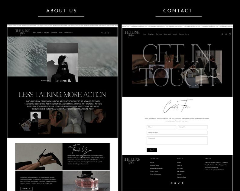 Puede incluir: Un dise&ntilde;o de sitio web en blanco y negro para una empresa llamada The June. El sitio web presenta un formulario de contacto con el texto "Get in Touch" y una secci&oacute;n sobre la empresa con el texto "Less Talking More Action".