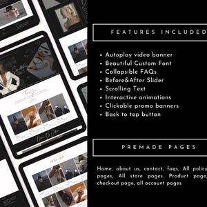 Puede incluir: Una maqueta de sitio web para una tienda online, con un esquema de color blanco y negro. El sitio web incluye un banner de video, un control deslizante de antes y despu&eacute;s, texto desplazable, animaciones interactivas, banners promocionales clicables y un bot&oacute;n de regreso a la parte superior. El sitio web tambi&eacute;n incluye p&aacute;ginas prefabricadas para el hogar, sobre nosotros, contacto, preguntas frecuentes, todas las p&aacute;ginas de pol&iacute;ticas, todas las p&aacute;ginas de la tienda, una p&aacute;gina de producto, una p&aacute;gina de pago y todas las p&aacute;ginas de la cuenta.