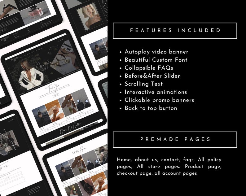 Puede incluir: Una maqueta de sitio web para una tienda online, con un esquema de color blanco y negro. El sitio web incluye un banner de video, un control deslizante de antes y despu&eacute;s, texto desplazable, animaciones interactivas, banners promocionales clicables y un bot&oacute;n de regreso a la parte superior. El sitio web tambi&eacute;n incluye p&aacute;ginas prefabricadas para el hogar, sobre nosotros, contacto, preguntas frecuentes, todas las p&aacute;ginas de pol&iacute;ticas, todas las p&aacute;ginas de la tienda, una p&aacute;gina de producto, una p&aacute;gina de pago y todas las p&aacute;ginas de la cuenta.