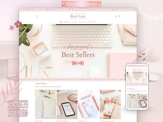 Pink Shopify Theme, Rose Gold Website Template Design, Feminine Shopify Theme Website, Shopify Store Banners, Luxury Shopify Website, Pink