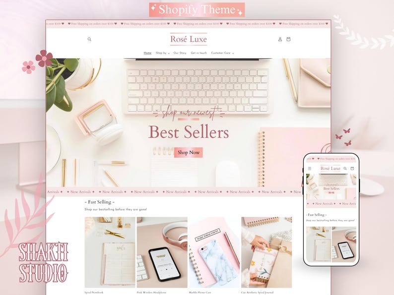 Pink Shopify Theme, Rose Gold Website Template Design, Feminine Shopify Theme Website, Shopify Store Banners, Luxury Shopify Website, Pink image 1