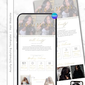 May include: A digital hair website template with the text "Styled by LolaChanel" in gold. The website displays booking policies, services, and a welcome message. The template is designed for hair extension services.