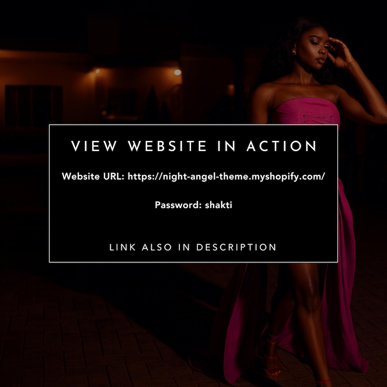 Puede incluir: Una mujer con un vestido palabra de honor magenta. La imagen incluye el texto "VIEW WEBSITE IN ACTION" con una URL del sitio web y una contrase&ntilde;a. El fondo es oscuro con iluminaci&oacute;n suave.