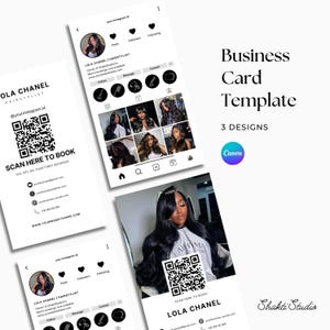May include: A business card template with three designs, featuring a hairstylist's Instagram profile layout. The card includes a QR code to scan for bookings, contact information, and the text "LOLA CHANEL HAIRSTYLIST". The Canva logo is also visible.