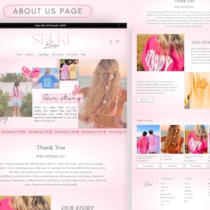 May include: Website homepage for Selki Boutique, a clothing brand featuring bright pink and yellow clothing with fun slogans like "Good Vibes Only" and "Happy". The website features a "Our Story" section with a description of the brand's mission and values.