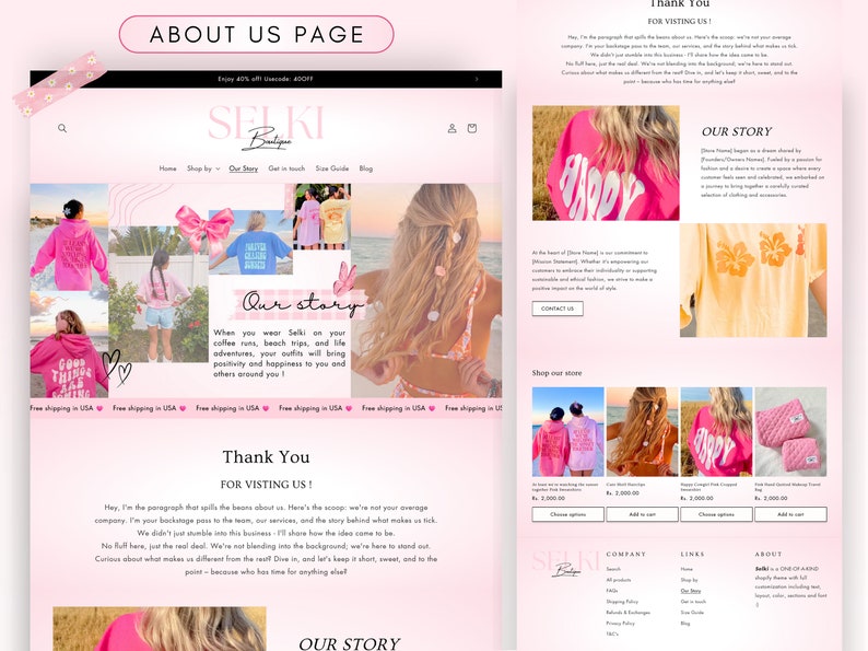 May include: Website homepage for Selki Boutique, a clothing brand featuring bright pink and yellow clothing with fun slogans like "Good Vibes Only" and "Happy". The website features a "Our Story" section with a description of the brand's mission and values.