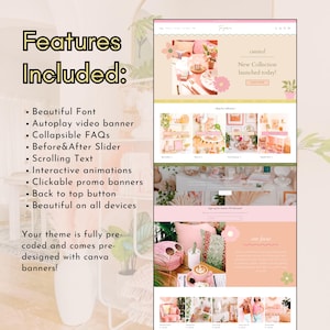May include: A website design mockup with a soft pink and beige color scheme. The design includes a banner that reads "New Collection launched today!" and a list of features such as "Beautiful Font" and "Clickable promo banners."
