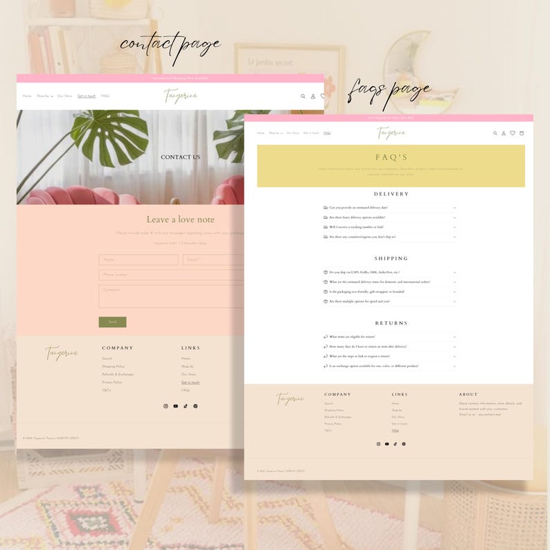 May include: Two website pages with a pink and beige color scheme. The left page is a contact form with the text "Leave a love note". The right page is a FAQ's page with delivery, shipping, and returns information.