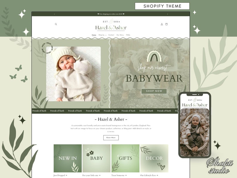 May include: A website homepage for a baby clothing store called Hazel & Asher. The website features a green and white color scheme with images of babies wearing the store's clothing. The website also includes a call to action to shop the store's newest babywear.
