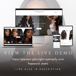 K&ouml;nnte beinhalten: Ein Screenshot einer Website f&uuml;r ein Unternehmen f&uuml;r Haarverl&auml;ngerungen namens Glamour Glitz. Die Website bietet eine Vielzahl von Haarverl&auml;ngerungen, darunter Bundles, Closures und Frontals. Die Website bietet auch eine Live-Demo, die durch Klicken auf den bereitgestellten Link aufgerufen werden kann. Das Passwort f&uuml;r die Live-Demo lautet "shakti".