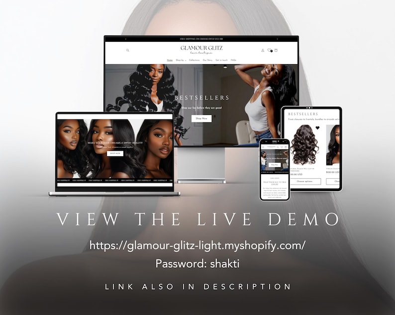 K&ouml;nnte beinhalten: Ein Screenshot einer Website f&uuml;r ein Unternehmen f&uuml;r Haarverl&auml;ngerungen namens Glamour Glitz. Die Website bietet eine Vielzahl von Haarverl&auml;ngerungen, darunter Bundles, Closures und Frontals. Die Website bietet auch eine Live-Demo, die durch Klicken auf den bereitgestellten Link aufgerufen werden kann. Das Passwort f&uuml;r die Live-Demo lautet "shakti".