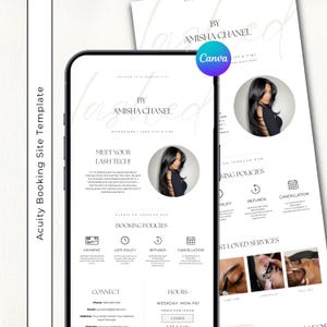 Könnte beinhalten: Eine digitale Buchungsseiten-Vorlage für einen Wimperntechniker auf einem Smartphone-Bildschirm. Das Layout enthält den Text By Amisha Chanel, Meet Your Lash Tech, Booking Policies sowie Abschnitte für Zahlungen, Rückerstattungen und Öffnungszeiten.