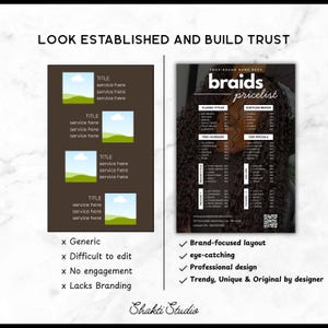 Op de afbeelding: Een promotionele afbeelding met de tekst "LOOK ESTABLISHED AND BUILD TRUST." Het bevat een vergelijking van generieke sjablonen versus een merkgerichte lay-out, met de nadruk op ontwerpelementen voor een vlechtprijslijst.