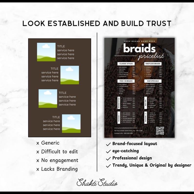 Op de afbeelding: Een promotionele afbeelding met de tekst "LOOK ESTABLISHED AND BUILD TRUST." Het bevat een vergelijking van generieke sjablonen versus een merkgerichte lay-out, met de nadruk op ontwerpelementen voor een vlechtprijslijst.