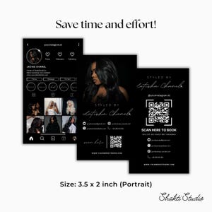 K&ouml;nnte beinhalten: Schwarz-wei&szlig;e Visitenkarten im Hochformat. Die Karten zeigen ein Frauenbild, Social-Media-Handles und einen QR-Code. Der Text enth&auml;lt "Styled by Latisha Chanel" und "Scan here to book". Die Gr&ouml;&szlig;e betr&auml;gt 8,89 x 5,08 cm.
