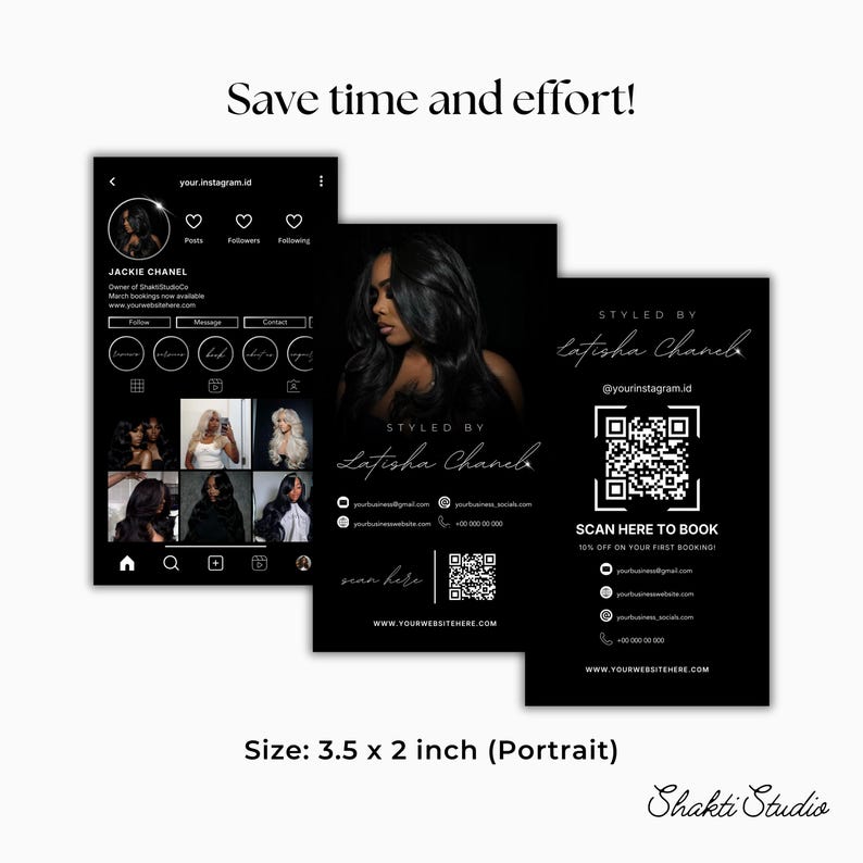 K&ouml;nnte beinhalten: Schwarz-wei&szlig;e Visitenkarten im Hochformat. Die Karten zeigen ein Frauenbild, Social-Media-Handles und einen QR-Code. Der Text enth&auml;lt "Styled by Latisha Chanel" und "Scan here to book". Die Gr&ouml;&szlig;e betr&auml;gt 8,89 x 5,08 cm.