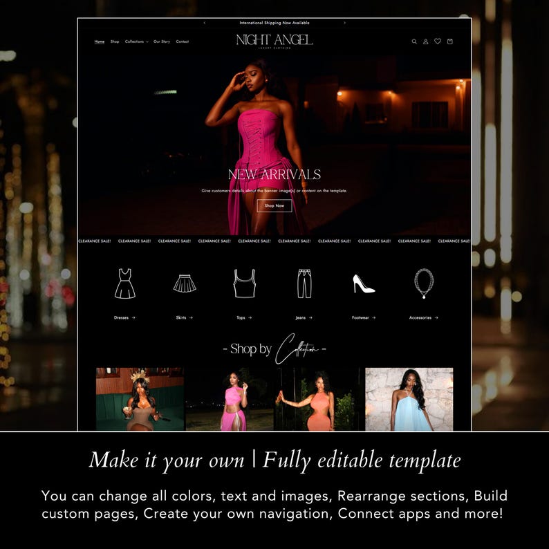 Puede incluir: Interfaz de sitio web para "NIGHT ANGEL", ropa de lujo. La p&aacute;gina de inicio presenta una modelo con un vestido rosa, con el texto "NEW ARRIVALS". Debajo, categor&iacute;as de productos y una secci&oacute;n "Shop by". El texto inferior dice "Make it your own | Fully editable template."