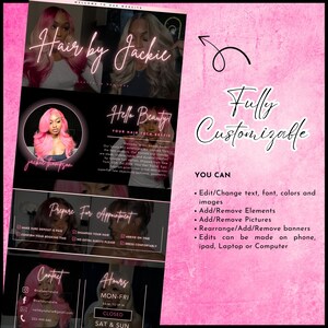 K&ouml;nnte beinhalten: Ein rosa-schwarzes Grafikdesign f&uuml;r einen Friseur, mit Fotos von Frisuren, dem Text "Hair by Jackie" und den Worten "Fully Customizable". Das Design enth&auml;lt Kontaktinformationen.