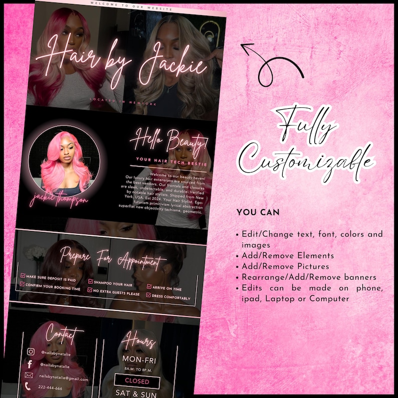 K&ouml;nnte beinhalten: Ein rosa-schwarzes Grafikdesign f&uuml;r einen Friseur, mit Fotos von Frisuren, dem Text "Hair by Jackie" und den Worten "Fully Customizable". Das Design enth&auml;lt Kontaktinformationen.