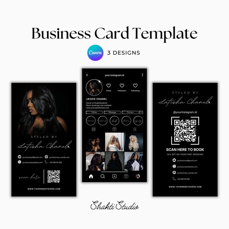 K&ouml;nnte beinhalten: Schwarze Visitenkarten-Vorlage mit drei Designs. Die Karten zeigen ein Frauenportr&auml;t, Instagram-Profil-Mockups und einen QR-Code. Der Text enth&auml;lt "Styled by Latisha Chanel" und "Scan here to book."