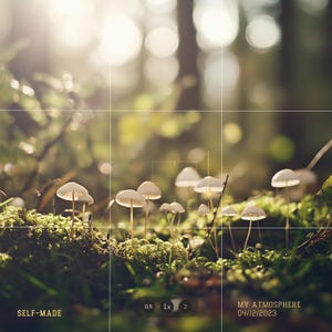 May include: A photograph of small, white mushrooms with delicate caps growing in a mossy forest. The image has a soft focus, with sunlight filtering through the trees. Text on the image reads "SELF-MADE" and "MY ATMOSPHERE 04/12/2023".