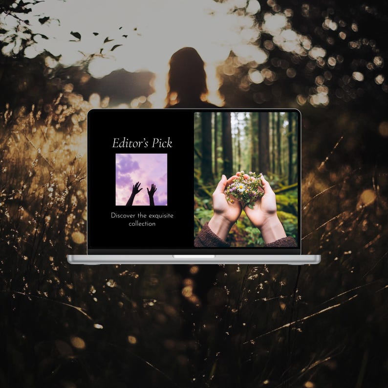 May include: A laptop displays an "Editor's Pick" graphic with hands reaching up and the text "Discover the exquisite collection." The screen also shows hands holding flowers. The background is a blurred outdoor scene with sunlight.