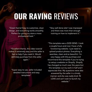 Puede incluir: Imagen con el texto "OUR RAVING REVIEWS" en blanco sobre un fondo oscuro. La imagen muestra testimonios de clientes que destacan la facilidad de uso, el dise&ntilde;o y el soporte. Una mujer con un vestido rosa es visible en el fondo.