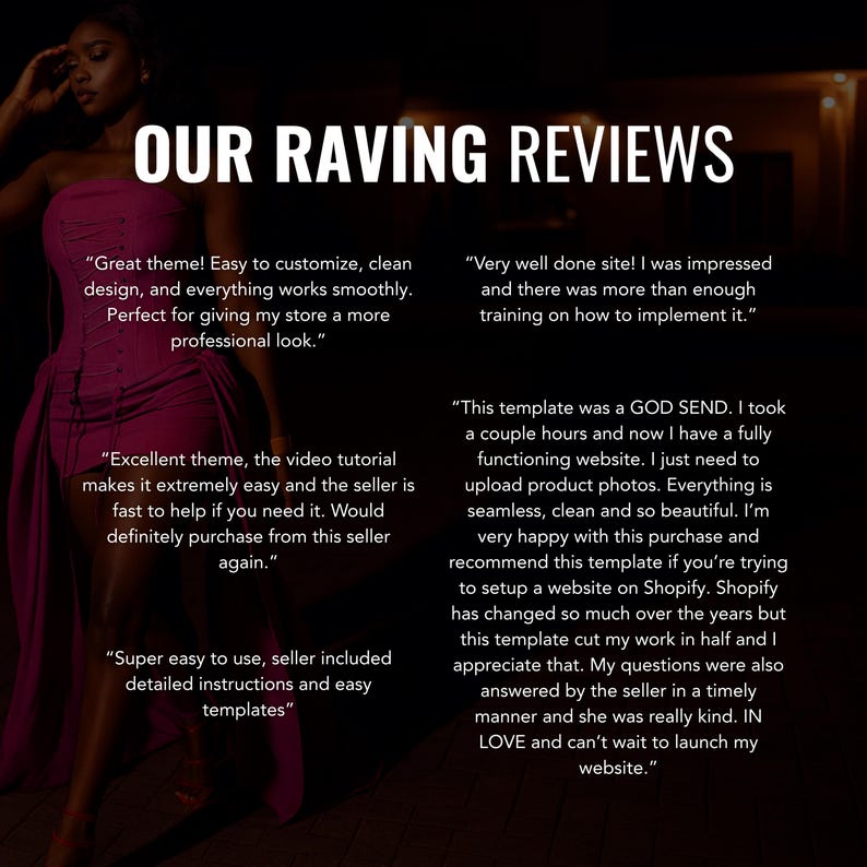 Puede incluir: Imagen con el texto "OUR RAVING REVIEWS" en blanco sobre un fondo oscuro. La imagen muestra testimonios de clientes que destacan la facilidad de uso, el dise&ntilde;o y el soporte. Una mujer con un vestido rosa es visible en el fondo.