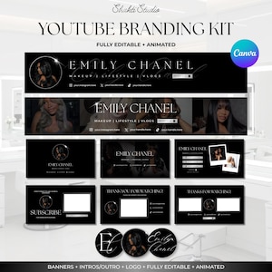 May include: A black and white YouTube branding kit featuring editable banners, intros, outros, and logos. The design includes text such as Shakti Studio, YouTube Branding Kit, Emily Chanel, Makeup, Lifestyle, Vlogs, Subscribe, and Thanks for Watching.