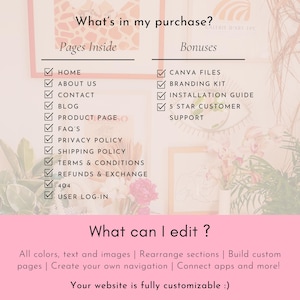May include: A pink and white graphic with the text "What's in my purchase?" lists website pages and bonuses, including Canva files and a branding kit. The text "What can I edit?" is also displayed, with a description of website customization options.