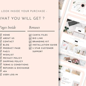 Op de afbeelding: Een digitaal productoverzicht met de tekst "A LOOK INSIDE YOUR PURCHASE - WHAT YOU WILL GET ?" en lijsten met inbegrepen pagina's en bonussen. De pagina's omvatten Home, About Us, Contact, Blog, Product Page, FAQ's, Wishlist, Privacy Policy, Shipping Policy, Terms & Conditions, Refunds & Exchange, 404 en User Log-in.