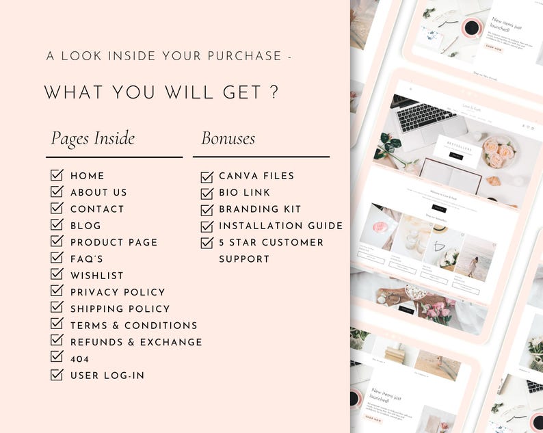 Op de afbeelding: Een digitaal productoverzicht met de tekst "A LOOK INSIDE YOUR PURCHASE - WHAT YOU WILL GET ?" en lijsten met inbegrepen pagina's en bonussen. De pagina's omvatten Home, About Us, Contact, Blog, Product Page, FAQ's, Wishlist, Privacy Policy, Shipping Policy, Terms & Conditions, Refunds & Exchange, 404 en User Log-in.