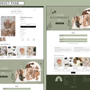 May include: A website for a clothing company called Harel & Asher, featuring a beige baby sweater. The website also features a banner promoting eco-friendly clothing and a section with frequently asked questions.