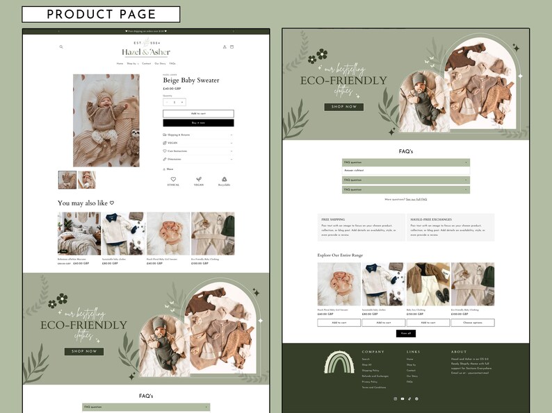May include: A website for a clothing company called Harel & Asher, featuring a beige baby sweater. The website also features a banner promoting eco-friendly clothing and a section with frequently asked questions.