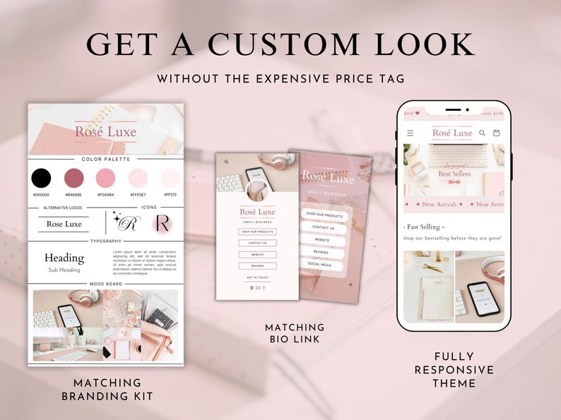 Pink Shopify Theme, Rose Gold Website Template Design, Feminine Shopify Theme Website, Shopify Store Banners, Luxury Shopify Website, Pink image 6