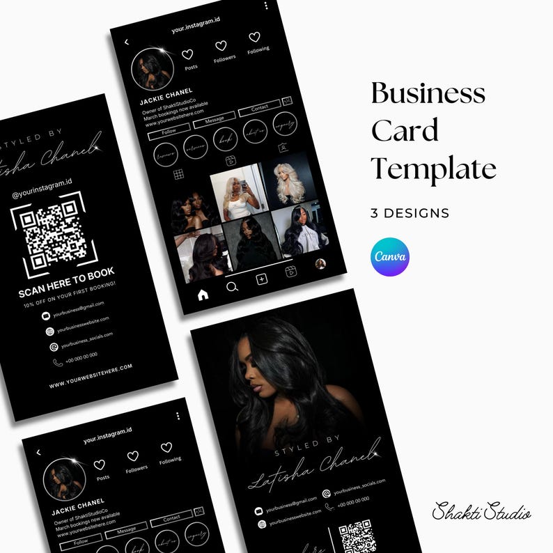 K&ouml;nnte beinhalten: Schwarze Visitenkarten-Vorlage mit drei Designs. Die Karten zeigen ein Portr&auml;t einer Frau, Social-Media-Symbole und den Text "Styled by Latisha Chanel". Enth&auml;lt einen QR-Code und den Text "Scan here to book."