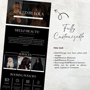 May include: Black and white promotional flyer for "Styled by Lola" hair services. The flyer includes images of hair extensions, text about booking policies, and the phrase "Fully Customizable".