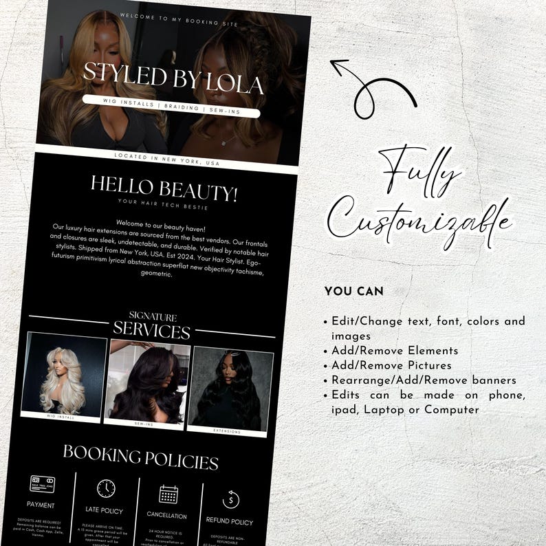 May include: Black and white promotional flyer for "Styled by Lola" hair services. The flyer includes images of hair extensions, text about booking policies, and the phrase "Fully Customizable".