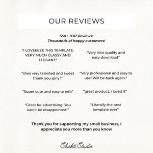 K&ouml;nnte beinhalten: Wei&szlig;er Hintergrund mit dem Text "OUR REVIEWS" oben. Darunter befinden sich Kundenbewertungen, darunter S&auml;tze wie "I LOVEEEEE THIS TEMPLATE. VERY MUCH CLASSY AND ELEGANT" und "Super cute and easy to edit." Das Shakti Studio Logo befindet sich unten.