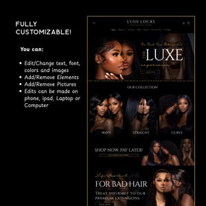 Puede incluir: Una maqueta de sitio web para Lush Locks, una tienda de extensiones de cabello premium. El sitio presenta im&aacute;genes de mujeres con varios peinados, incluyendo ondulado, liso y rizado. El texto incluye "The Luxe Experience" y "For Bad Hair". El sitio es totalmente personalizable.