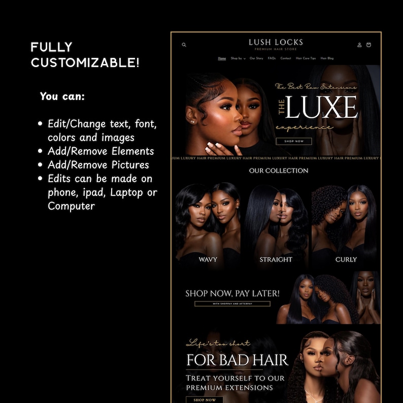 Puede incluir: Una maqueta de sitio web para Lush Locks, una tienda de extensiones de cabello premium. El sitio presenta im&aacute;genes de mujeres con varios peinados, incluyendo ondulado, liso y rizado. El texto incluye "The Luxe Experience" y "For Bad Hair". El sitio es totalmente personalizable.
