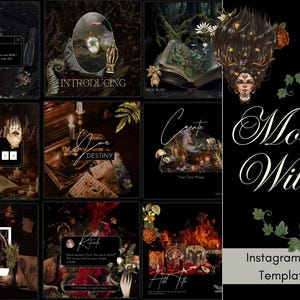May include: A set of 9 Instagram post templates featuring a dark, mystical theme with images of candles, books, and a witch. The text "Moon Witch" is written in a decorative font. The text "Instagram Post Templates" is also included.