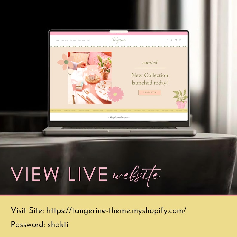 May include: A laptop displays a website with a pink and beige color scheme. The website promotes a new collection launch with floral accents. The text "VIEW LIVE website" is at the bottom of the image.