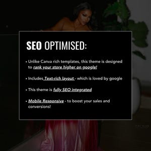 Puede incluir: Un gr&aacute;fico negro con texto blanco que dice "SEO OPTIMIZADO:" seguido de vi&ntilde;etas que describen caracter&iacute;sticas como dise&ntilde;o rico en texto y capacidad de respuesta m&oacute;vil. La imagen est&aacute; sobre un fondo oscuro con una persona y follaje.