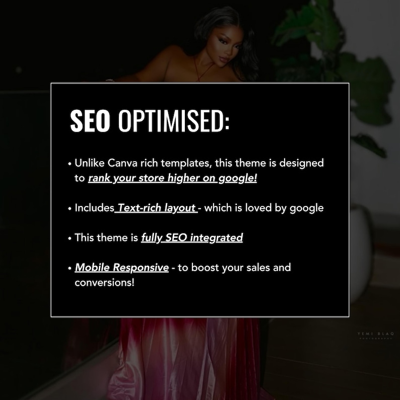 Puede incluir: Un gr&aacute;fico negro con texto blanco que dice "SEO OPTIMIZADO:" seguido de vi&ntilde;etas que describen caracter&iacute;sticas como dise&ntilde;o rico en texto y capacidad de respuesta m&oacute;vil. La imagen est&aacute; sobre un fondo oscuro con una persona y follaje.