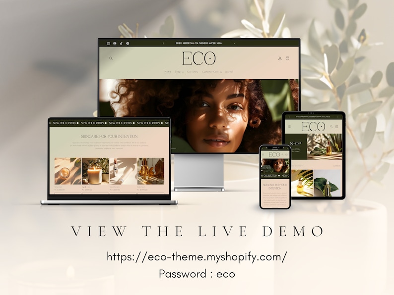 Puede incluir: Una maqueta de un sitio web para una marca de cuidado de la piel llamada "ECO" que se muestra en una computadora de escritorio, una computadora port&aacute;til, una tableta y un tel&eacute;fono inteligente. El sitio web presenta un dise&ntilde;o minimalista con un enfoque en ingredientes naturales y sostenibilidad. El texto "SKINCARE FOR YOUR INTENTION" es visible en la pantalla de la computadora port&aacute;til.