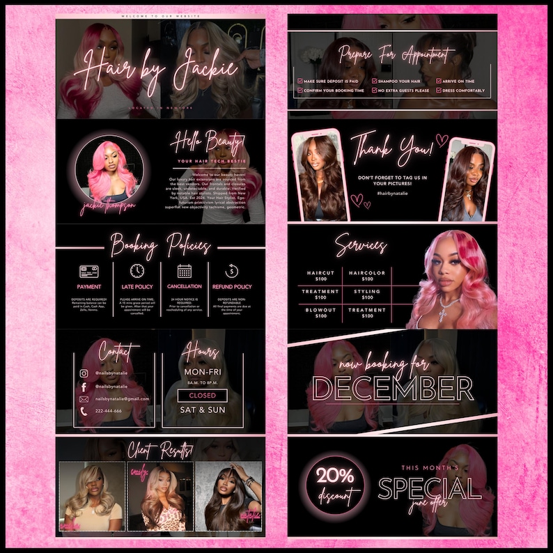 K&ouml;nnte beinhalten: Eine Werbegrafik f&uuml;r "Hair by Jackie" mit schwarzem Hintergrund und rosa Akzenten. Das Design umfasst Bilder von Frisuren, Servicepreisen, Buchungsrichtlinien, Kontaktinformationen und ein Sonderangebot f&uuml;r Dezember.