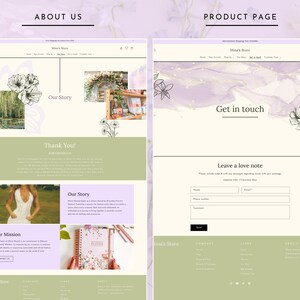 May include: A website screenshot showing the "About Us" and "Product Page" sections of an online store. The "About Us" section features a floral design and text that reads "Our Story" and "Thank You!" The "Product Page" section features a floral design and text that reads "Get in touch" and "Leave a love note".