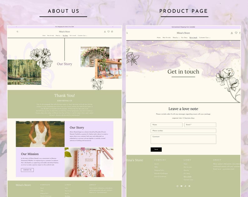 May include: A website screenshot showing the "About Us" and "Product Page" sections of an online store. The "About Us" section features a floral design and text that reads "Our Story" and "Thank You!" The "Product Page" section features a floral design and text that reads "Get in touch" and "Leave a love note".