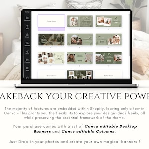 May include: A laptop screen displaying a Canva design template with multiple green and white desktop banners. The text "TAKEBACK YOUR CREATIVE POWER" is displayed below the laptop.
